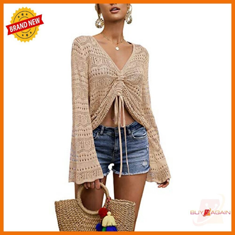 Boho Off Shoulder Sheer Crop Top Bell Sleeve Oversized Crochet Pullover - Picture 3 of 8